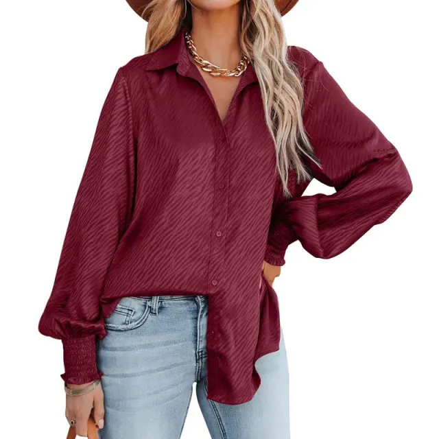 Zebra Print Lapel Buttoned Top Women's Lantern Long Sleeve Shirt Wine - Shop at LoveMi