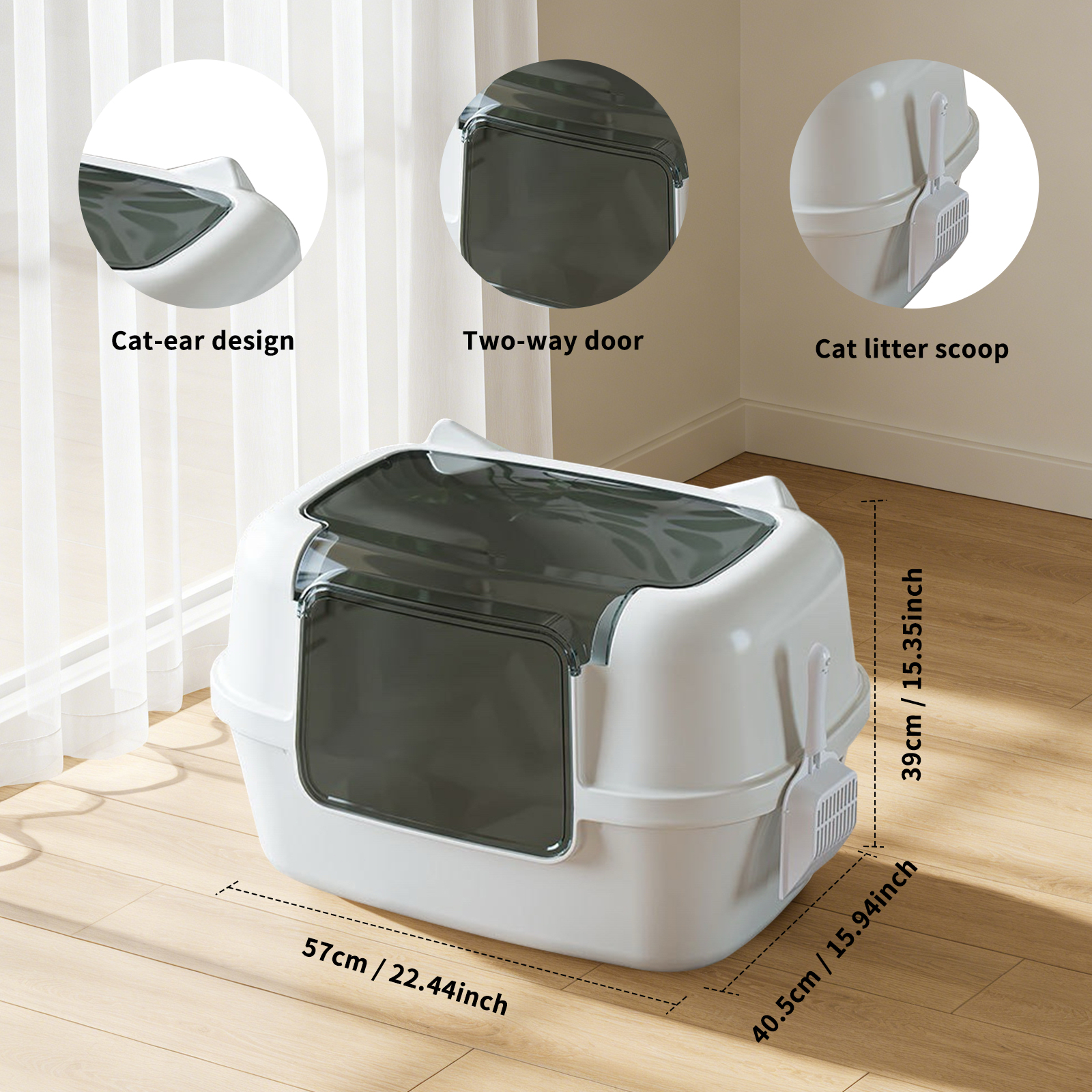 Extra Large Cat Ear Fully Enclosed Cat Litter Box, With Free Scoop & Litter Mat, Anti-Splash & Anti-Tracking Odor Locking, For Large Cats & Multi-Cat Households