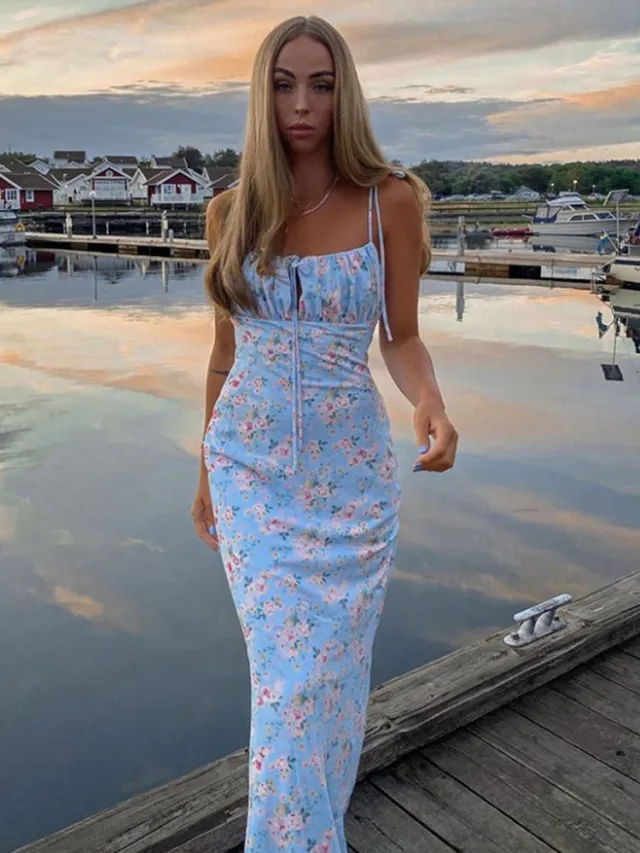 European And American Style Pleated Backless Lace up Long Skirt Blue - Shop at LoveMi