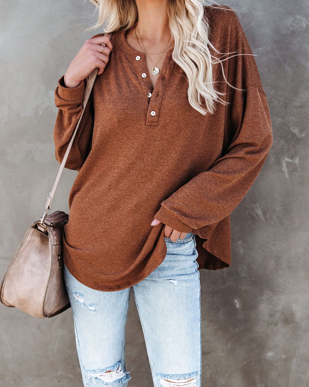 Solid Color Long-Sleeved Button Pullover T-Shirt Top