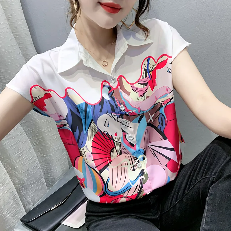 Entertainment Graphic Print Lapel Chiffon Shirt - Red