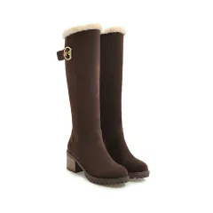 Buckle Embellished Mid-heel Winter Warm Long Boots - Brown - View 1