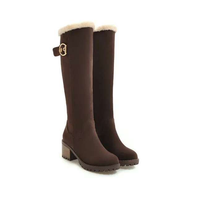 Buckle Embellished Mid heel Winter Warm Long Boots Brown - Shop at LoveMi