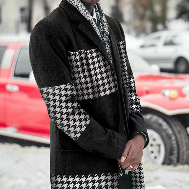 Autumn And Winter New Men's Printed Stitching Contrast Woolen Top Coat