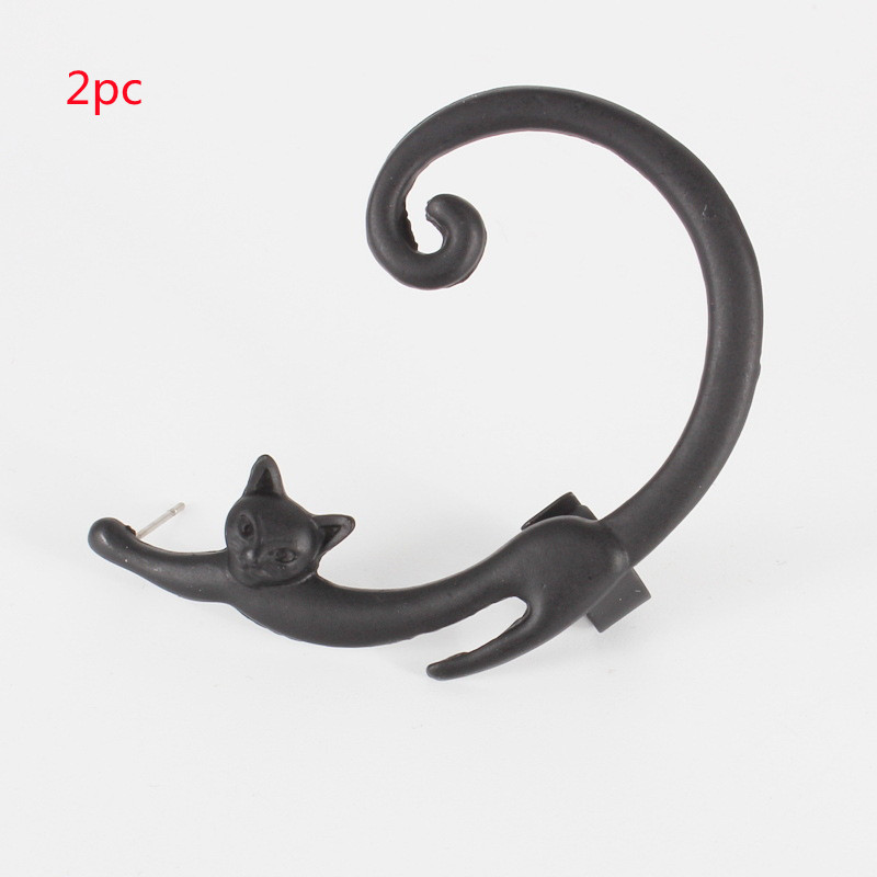 Single Piece Punk Style Cat Post Earring with Ear Cuff Rock Animal Black Stud Earring - Image 11