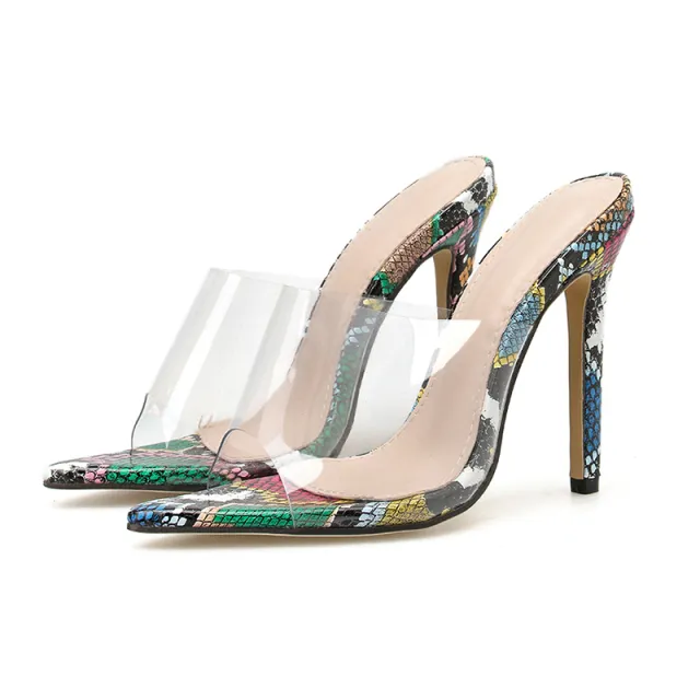 PVC High Heels Pointed Toe Snake Print All Match Sandals And Slippers Women Serpentine 42 - Shop at LoveMi