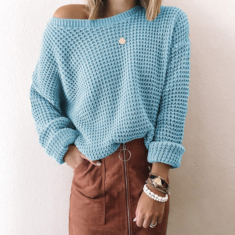 New Women's Solid Color Loose Slant Collar Long-sleeved Knitted Autumn And Winter Sweater