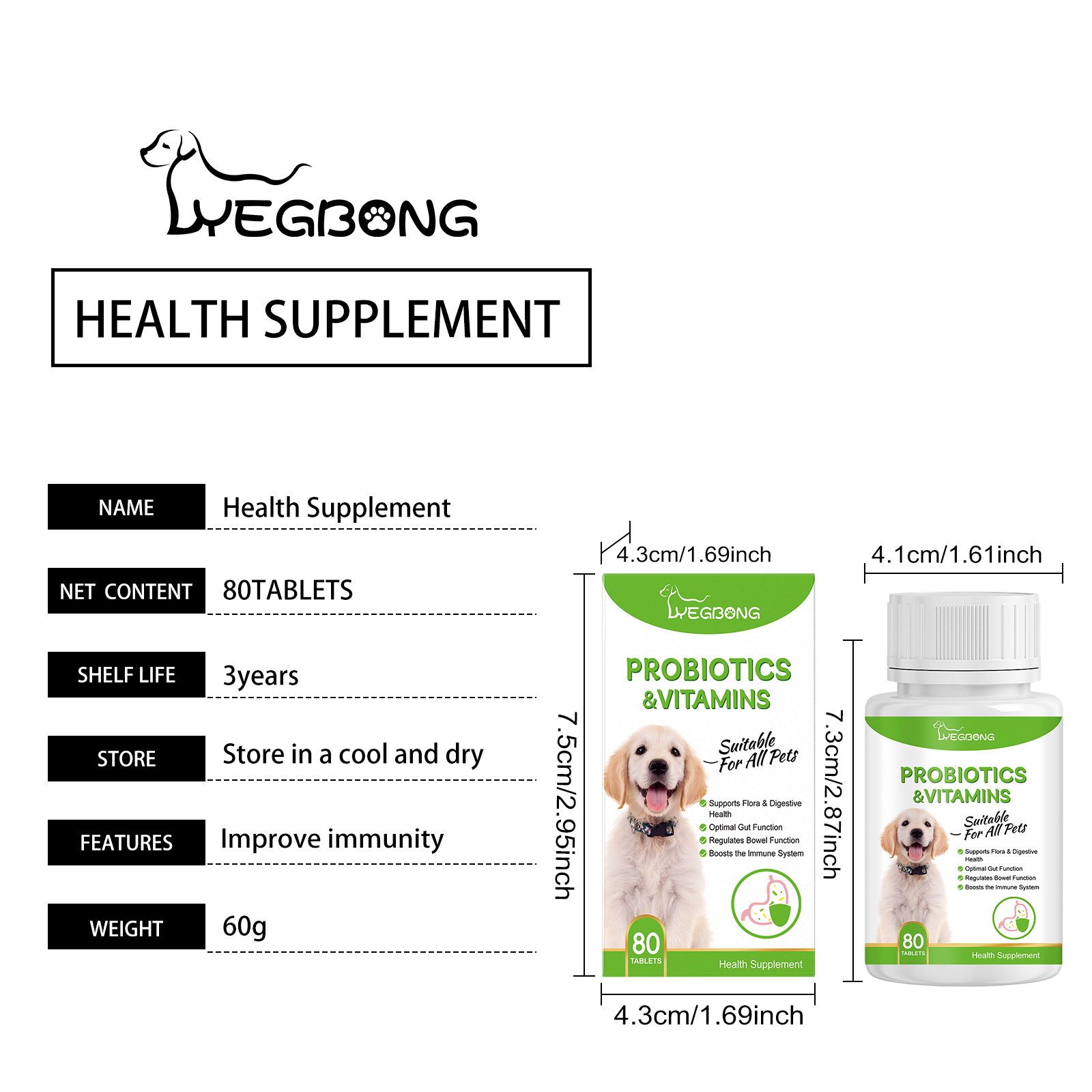 Pet Probiotics & Vitamin Tablets For Dogs & Cats, Gut Health Supplement, Support Digestion & Immune System, 80 Chewable Tablets — foto 3