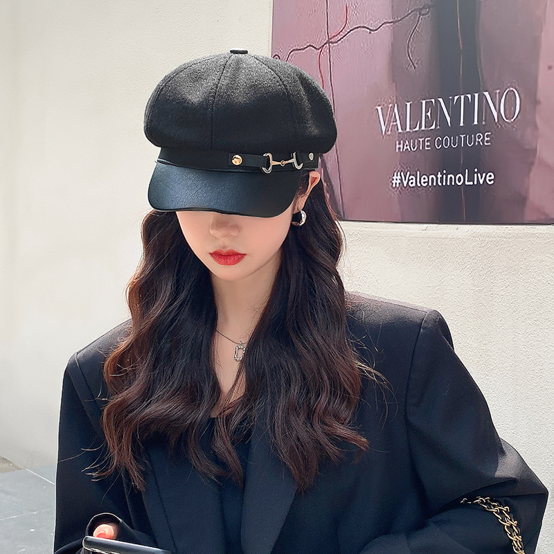 Women's All-match Leather Buckle Octagonal Hat