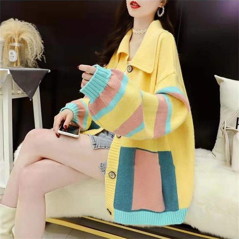 Knitted Cardigan Wear Loose Lazy Style Age-reducing Western Style And Color Matching