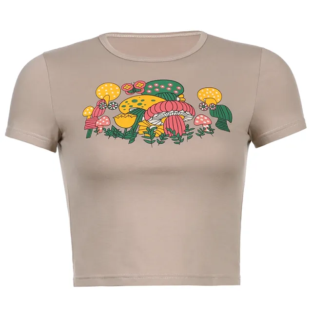 Contrasting Color Edging Digital Printing Contrast Bottoming Shirt T shirt Mushroom Print - Shop at LoveMi