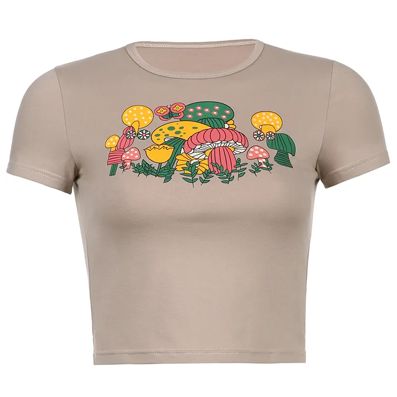 Contrasting Color Edging Digital Printing Contrast Bottoming Shirt T-shirt - Mushroom Print