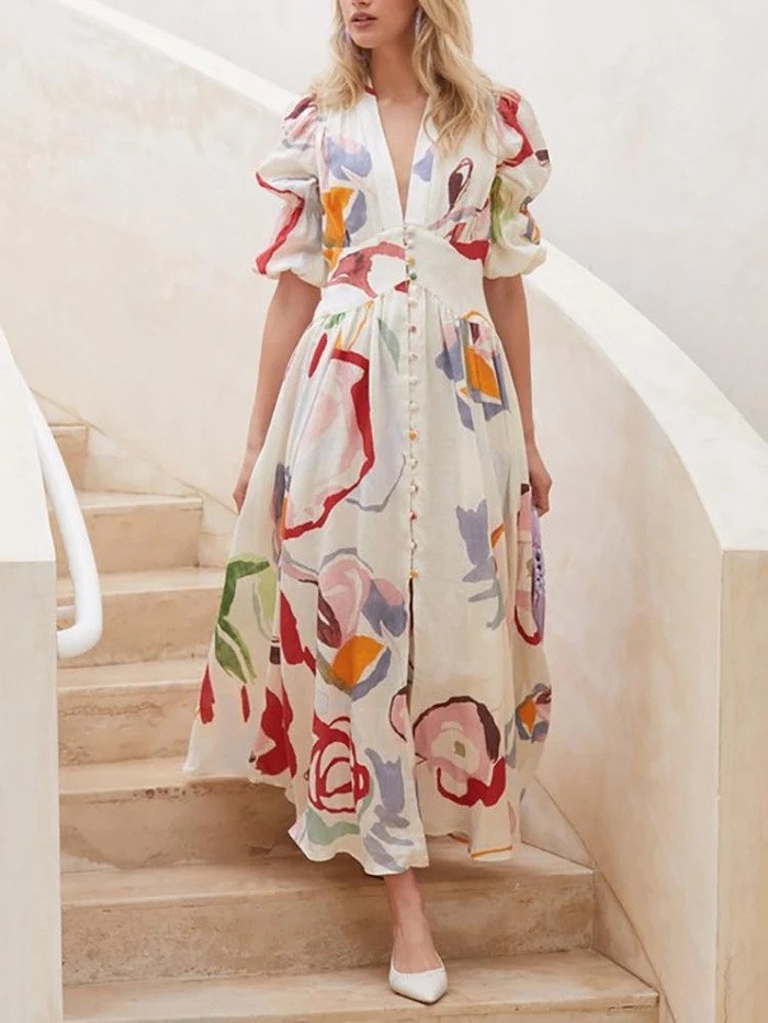 Print Dresses For Women Summer V-neck Button Short Sleeve Dress - Picture 7 of 7