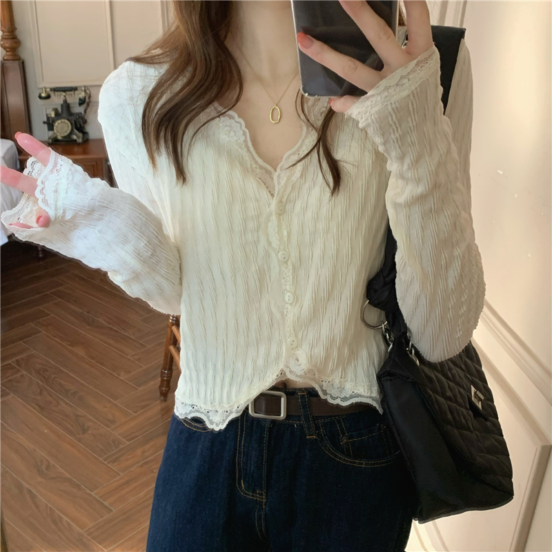 Title 2, V-neck Elegant Lace Trim Shirt Women