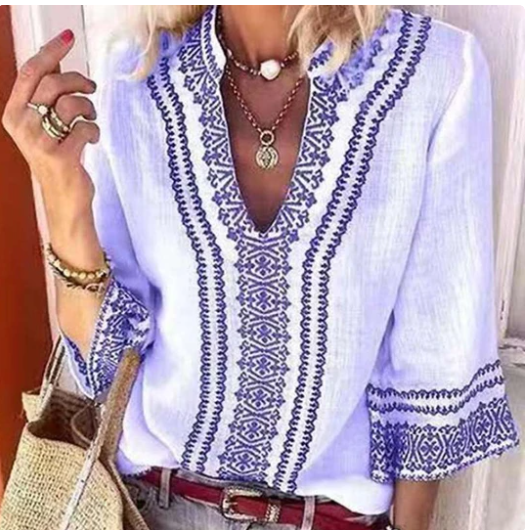 Spring Print Pullover V-neck Trumpet Sleeve Temperament Commuter Shirt