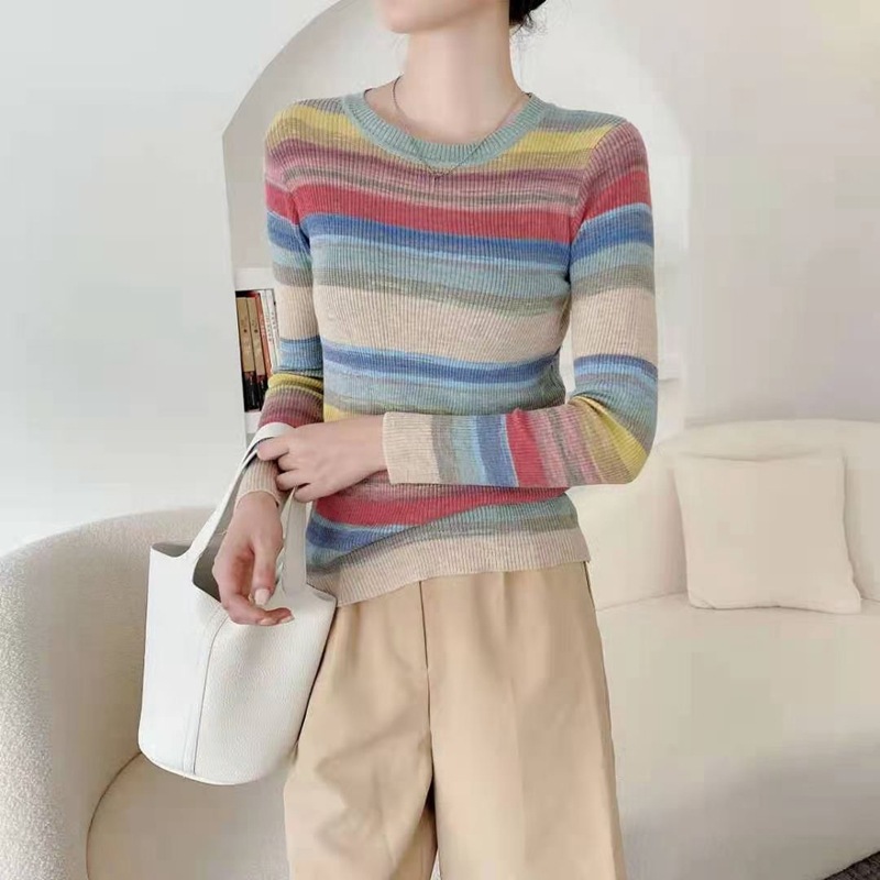 Women's Autumn Colorblock Rainbow Striped Knit Top