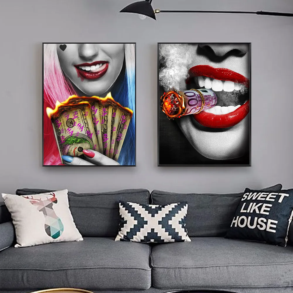 Wall Art Poster Red Lips Smoking Woman Clock Picture