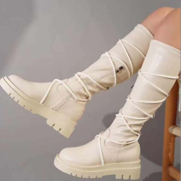 Lace Up Platform Boots White Long Cowboy Boots Women White - Shop at LoveMi