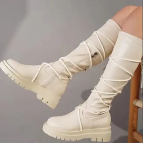 Lace-Up Platform Boots White Long Cowboy Women