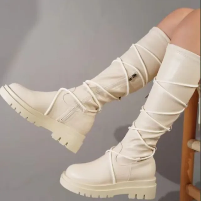 Lace Up Platform Boots White Long Cowboy Boots Women White - Shop at LoveMi