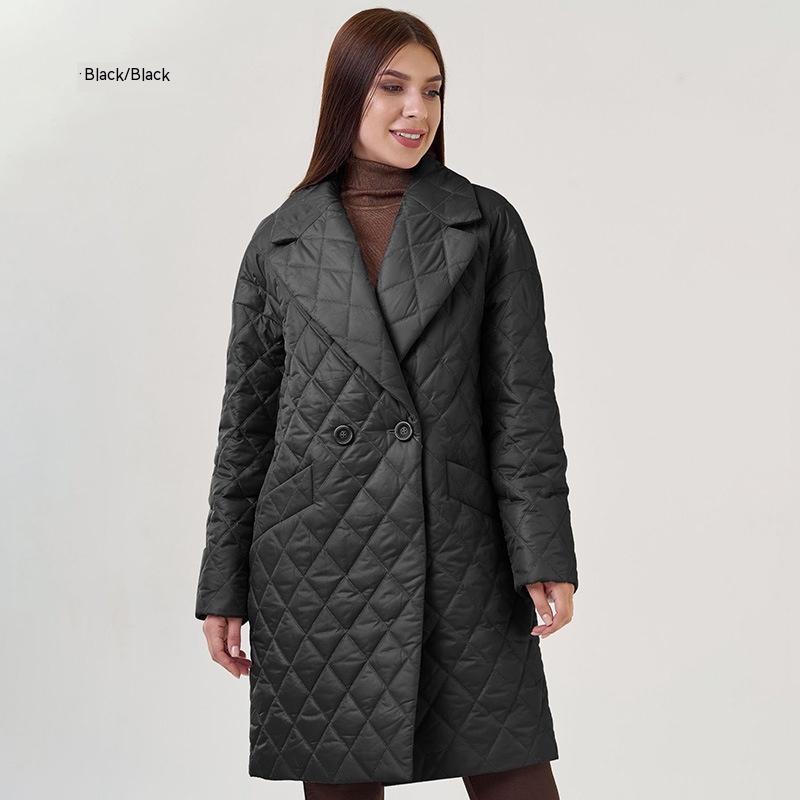 Long Women's Cotton Padded Clothing Casual Waist Tight Plaid Winter Clothing Black - Shop at LoveMi