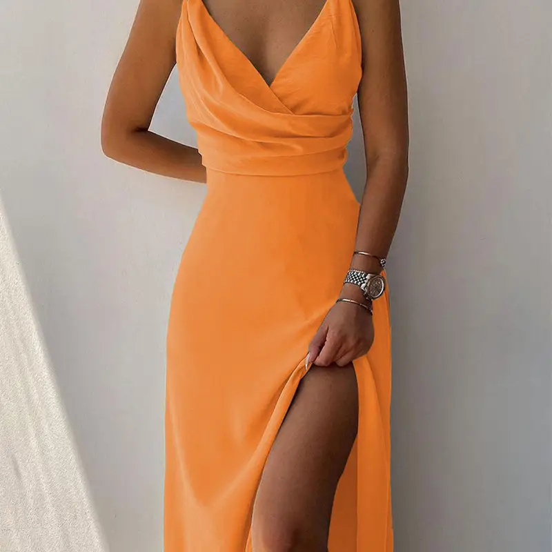 V-neck Slit Sling Dress Summer Fashion Sexy Slim Suspender Dresses for Women