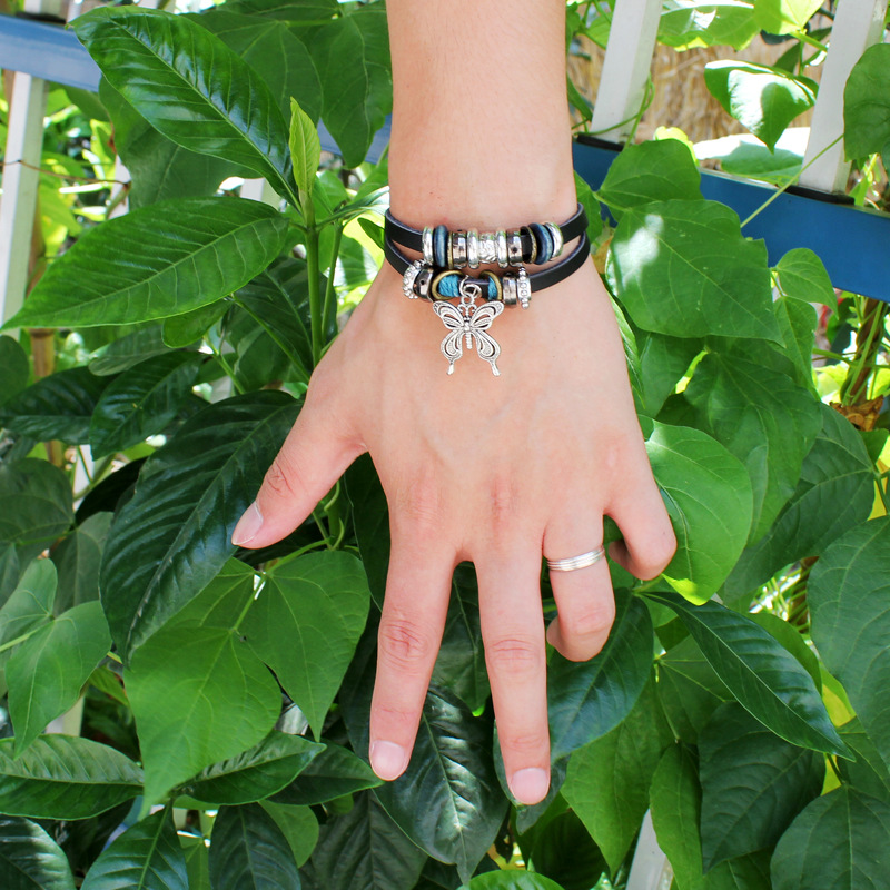 Fashion Butterfly Beaded Leather Bracelet
