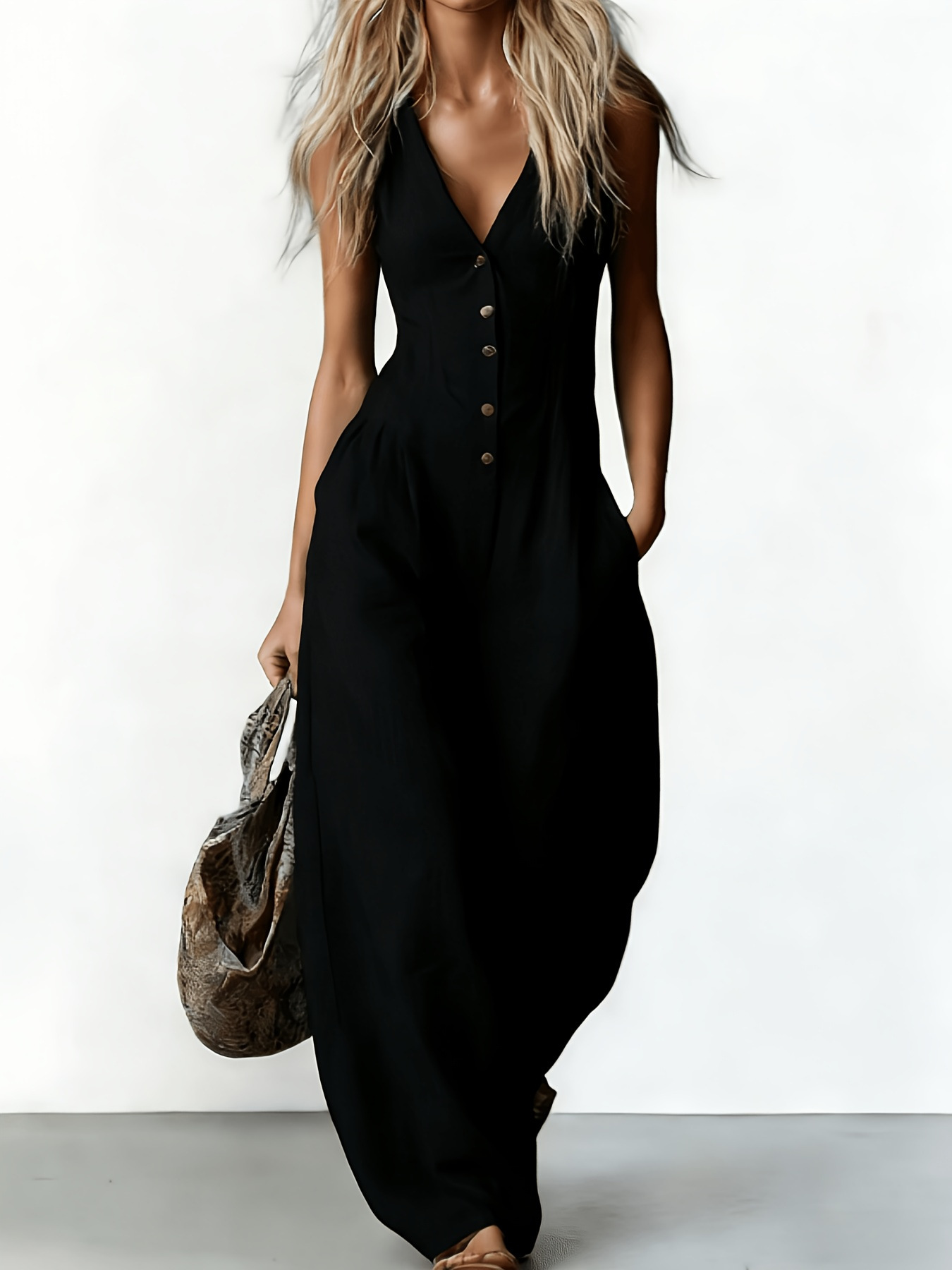 Women's linen-look V-neck jumpsuit in dark brown – textured sleeveless commuter one-piece