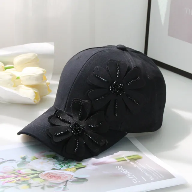 Women's Three dimensional Crystal Flower Fashion Baseball Hat Black - Shop at LoveMi