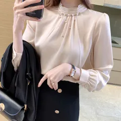 Chiffon Shirt Women's Top Stand Collar Beaded Shirt Loose - Tan - View 1