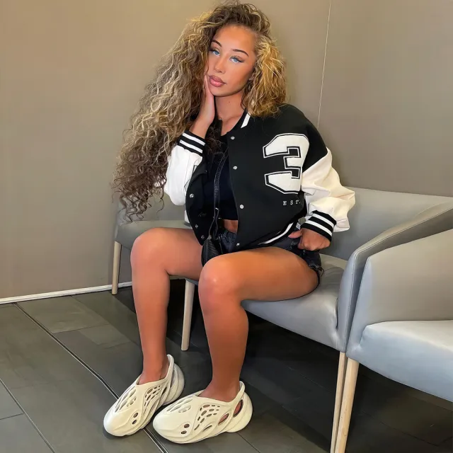 Contrasting Color Print Cuffs Striped Element Baseball Jacket Black - Shop at LoveMi