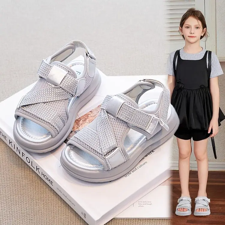2026 New Summer Girls Rhinestone Roman Sandals, Thick Sole Hollow Breathable Casual Sports Fashion Versatile Sandals