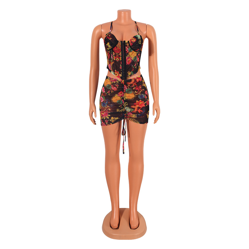 Sexy Mesh Printed Suspenders Wrapped Chest Short Skirt Two-Piece Suit