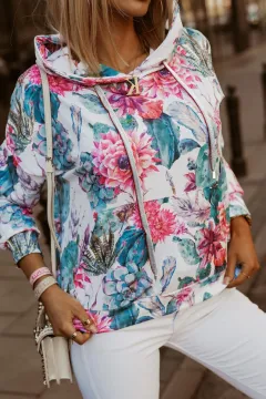 Ladies Hooded Long-sleeved Floral T-shirt - View 1