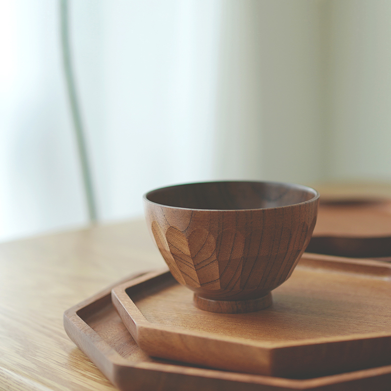 Household Japanese Handmade Hammered Wood Bowl Solid Wood Rice Bowl