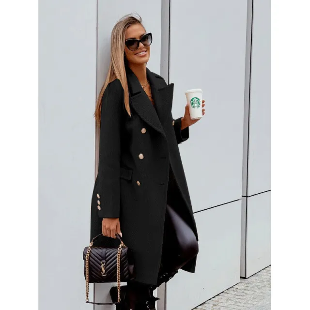 Women's New Double Breasted Mid Length Wool Coat Black - Shop at LoveMi