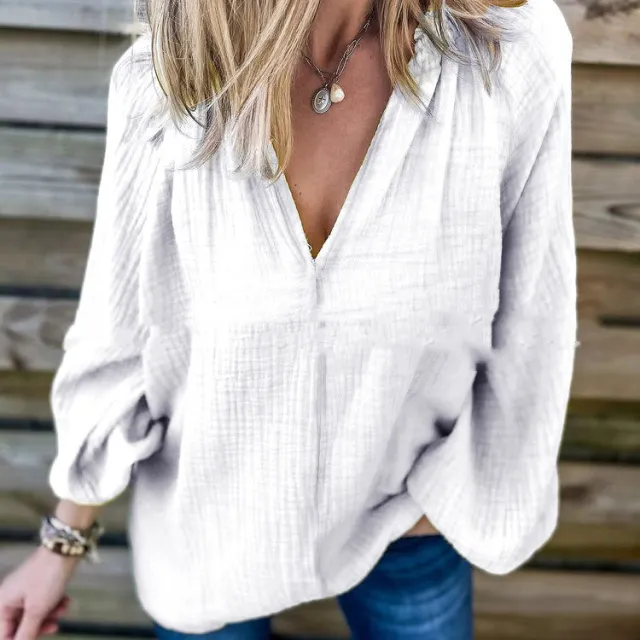 Solid Color Casual Loose Long Sleeve Shirt Top White - Shop at LoveMi