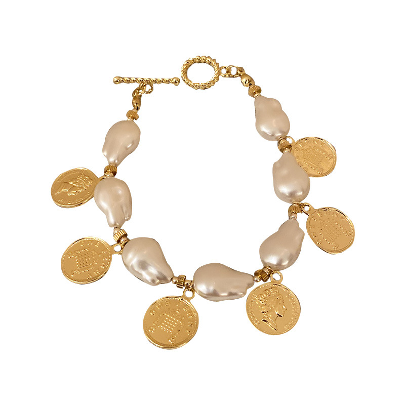 Geometric Irregular Pearl Coin Medal Bracelet