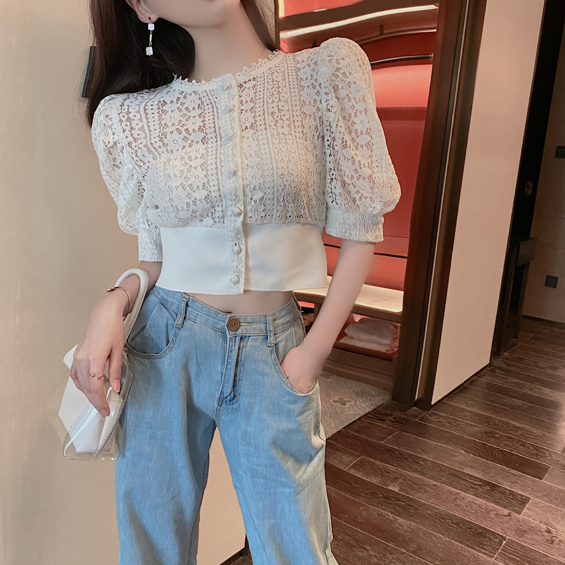 Title 1, Lace Stitching Hollow Short Sleeve Cardigan Top...