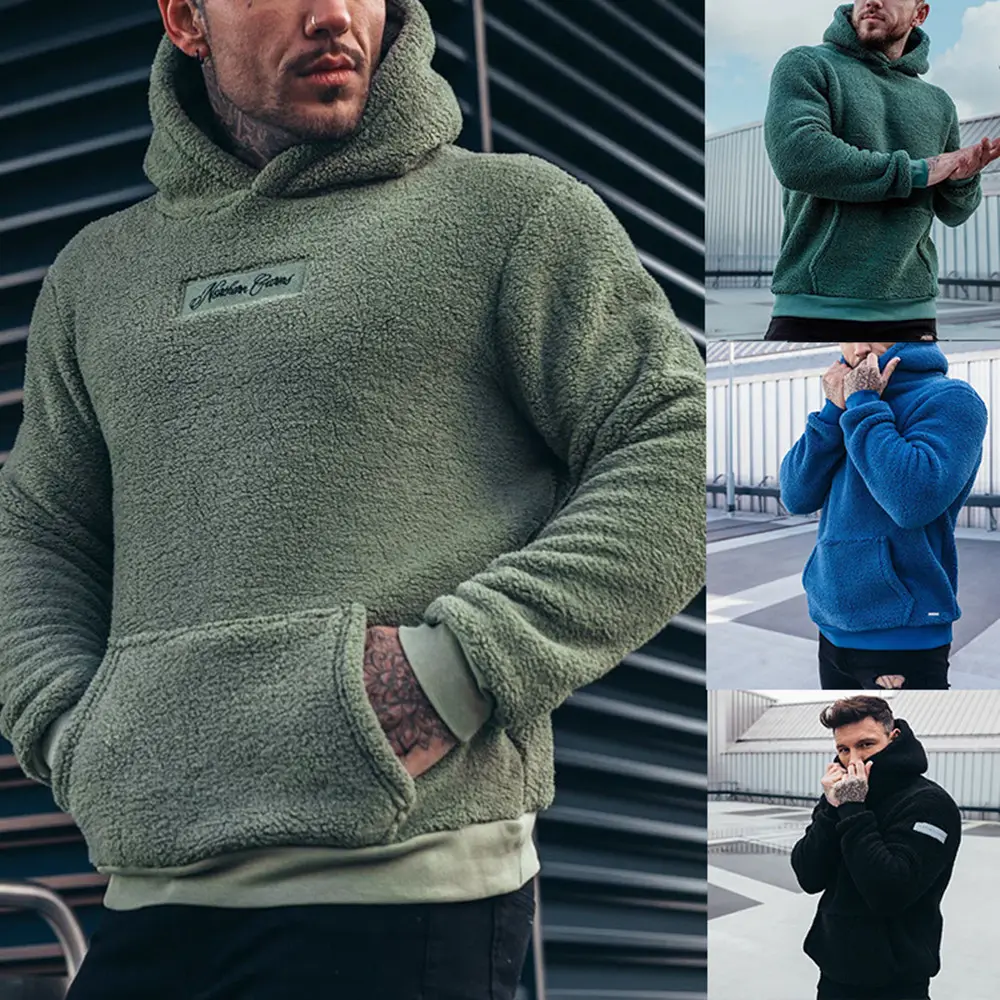 Men's Plush Hoodies Sweatshirt with Big Pocket Fashion Long-sleeved