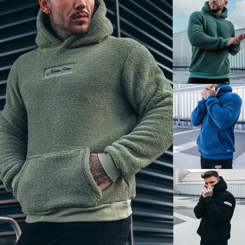Men's Plush Hoodies Sweatshirt with Big Pocket Fashion Long-sleeved