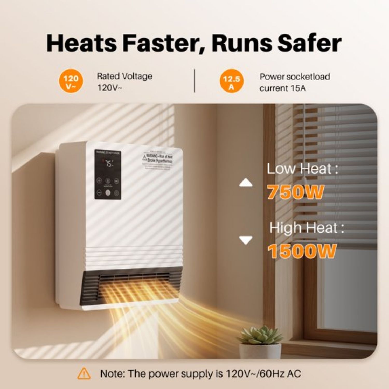 Wall Heater, Touchscreen, Remote Control, Adjustable Thermostat, 15-Hour Timer, Dual Heat Settings, Overheat Protection, Child Lock image 10