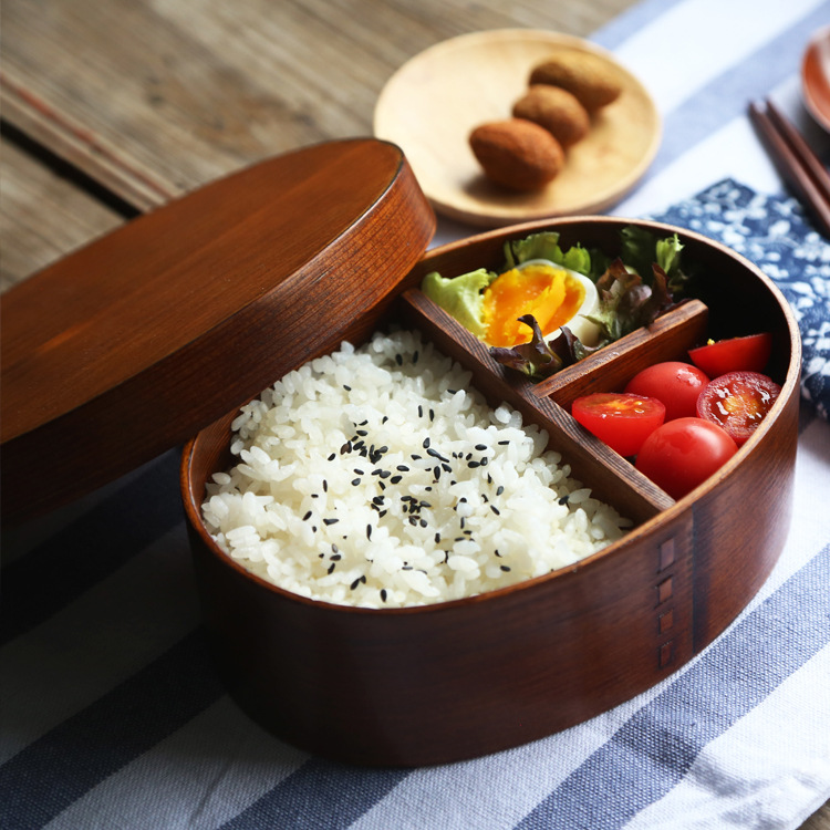 Title 2, Round Brown Wooden Bento Box