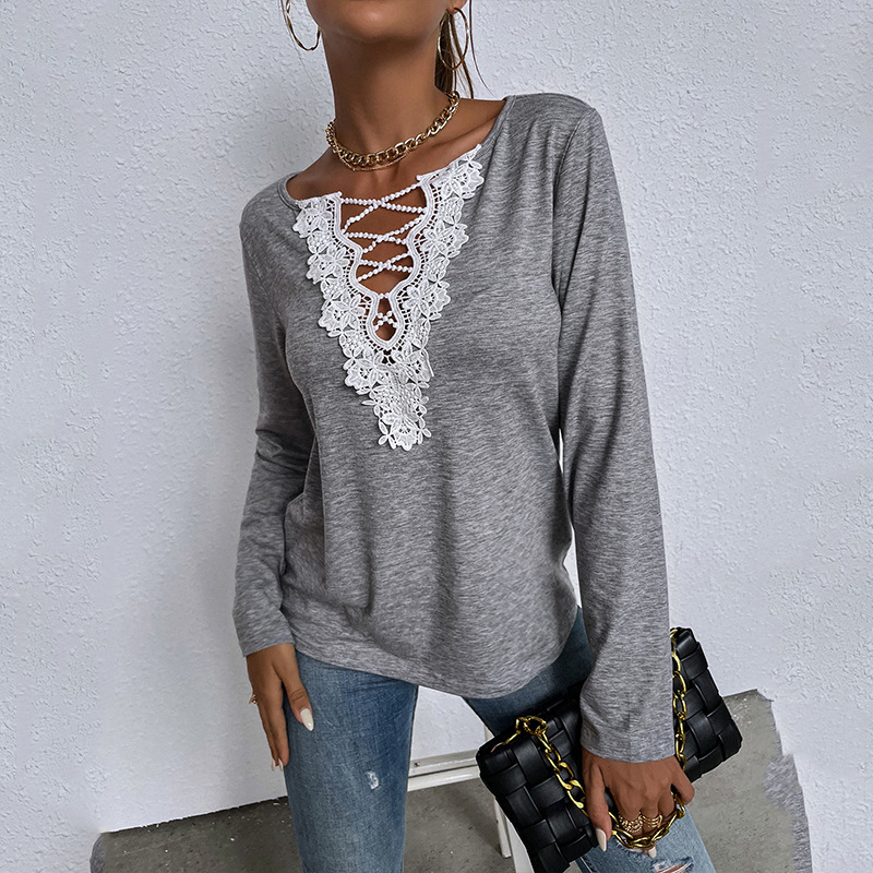 Women's Loose Long-sleeved Shirt V-neck Pullover Solid Color Casual T-shirt