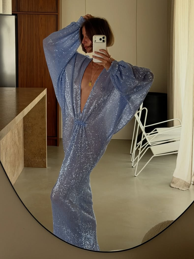 Ice Blue Sequin Deep V Lantern Sleeve Maxi Dress