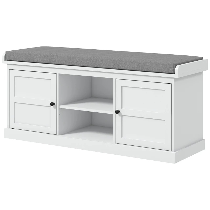 Shoe Storage Bench With Cushioned Seat, Entryway Bench Seat With 2 Cabinets And Adjustable Shelf For Hallway, White