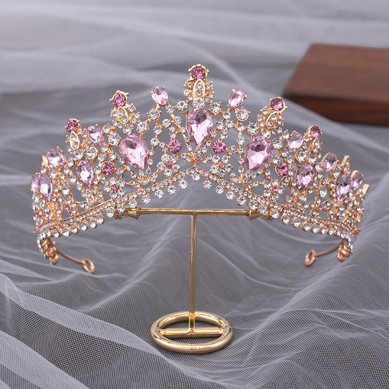 Ladies Baroque Rhinestone Crown Hair Band Gold Base Powder Diamond - Shop at LoveMi