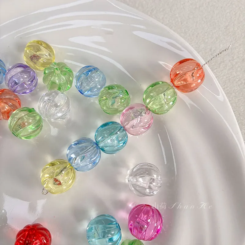 Transparent Acrylic Pumpkin Beads, Clear Ribbed Round