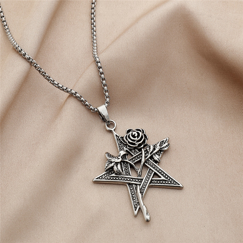 Hip Hop Fashion Stainless Steel Pentagram Rose Necklace