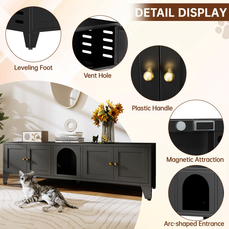 58in Metal Cat Litter Box Enclosure, Hidden Litter Furniture For 2 Cats, Large Indoor Cat House TV Stand Cabinet W Ventilation & 2 Compartments, Black Modern Pet Washroom W Adjustable Legs — foto 4